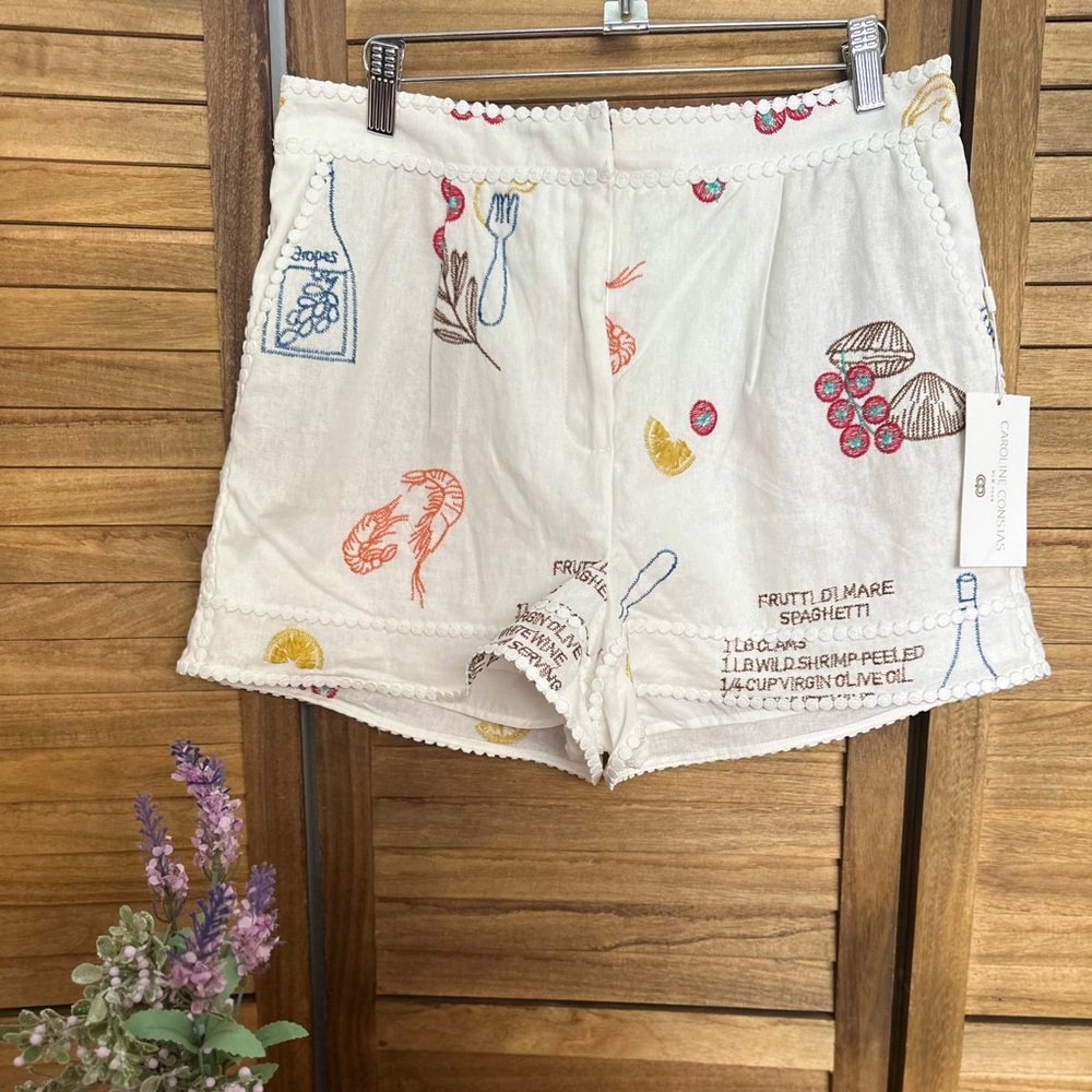 Caroline Constas Cream Embroidered High Waist Shorts